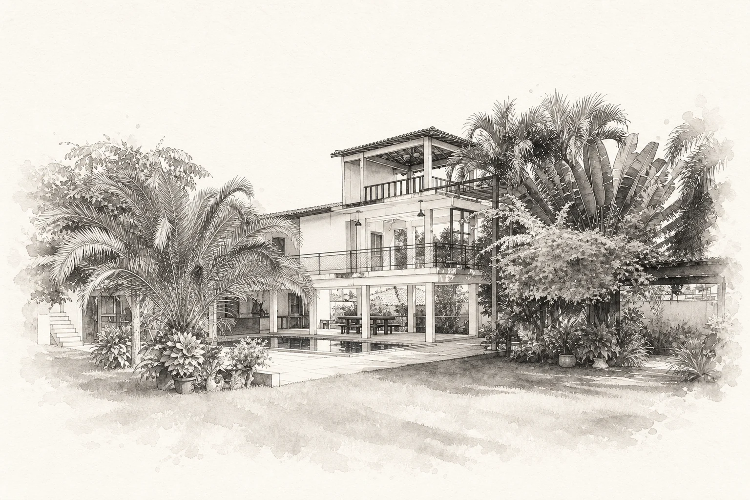 Aquarela arquitetônica da casa do casamento